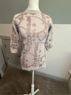 Christian Dior Girls Logo Knit Pullover Sweater Dress Cashmere Blend Gray/Pink 6